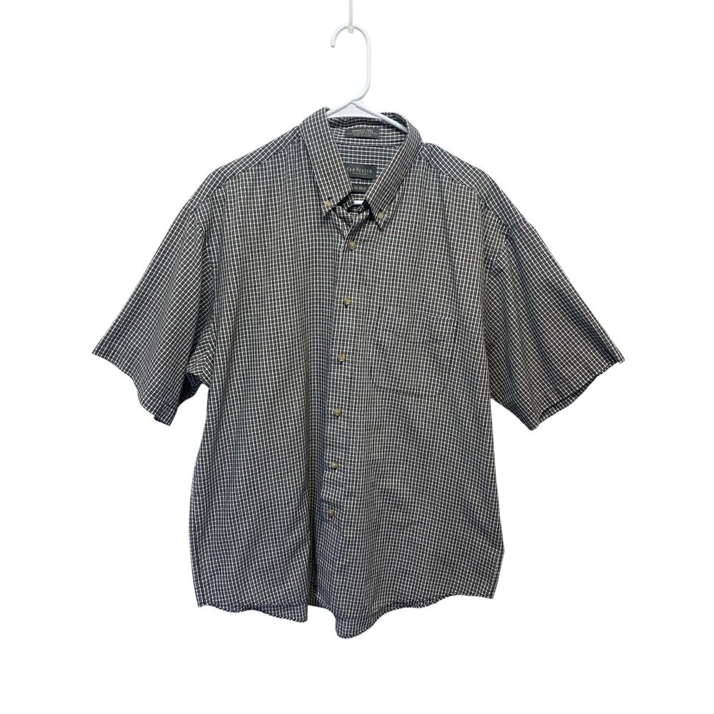 Van Heusen Shirt Men's Size L 16- 161/2 Black Brown Wrinkle Free Short Sleeve